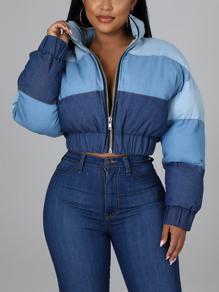 Color Block Denim Puffer Jacket Blue / 2XL