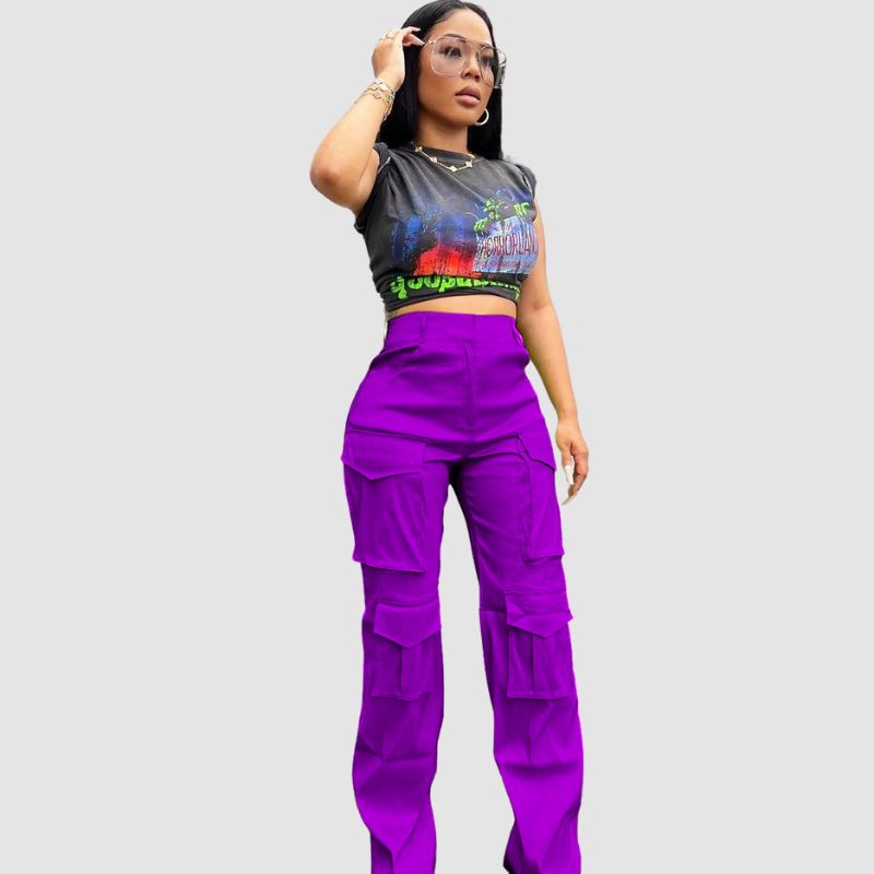 Solid Color Multi-Pocket High Waist Cargo Pants Purple / S
