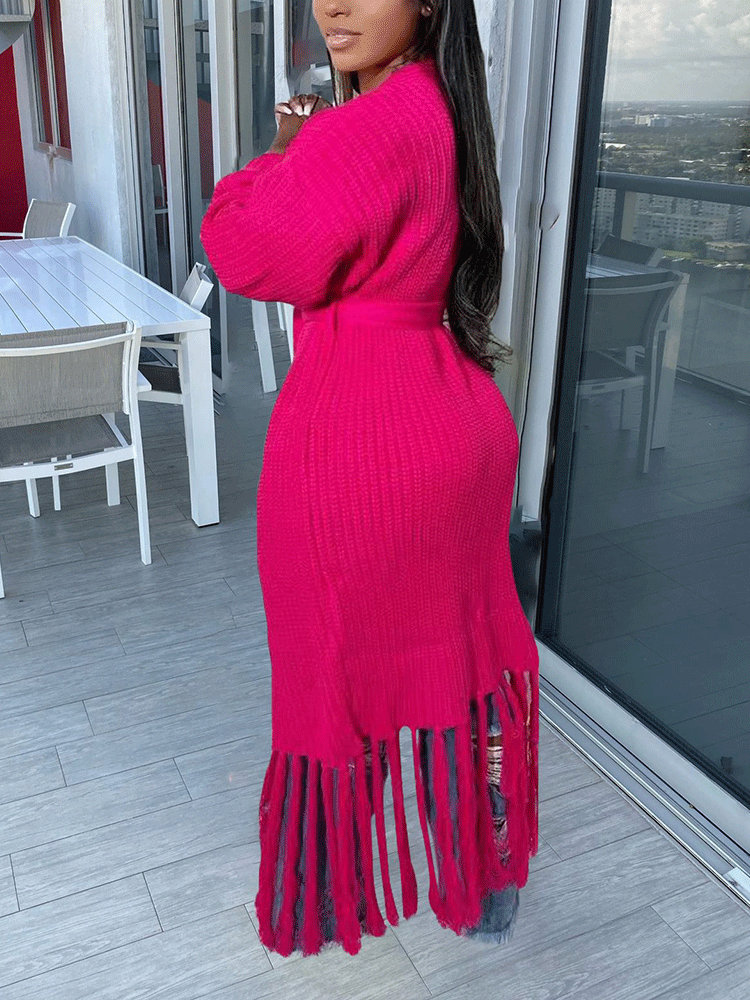Knit Tassels With Belt Cardigan Wine Red / XL