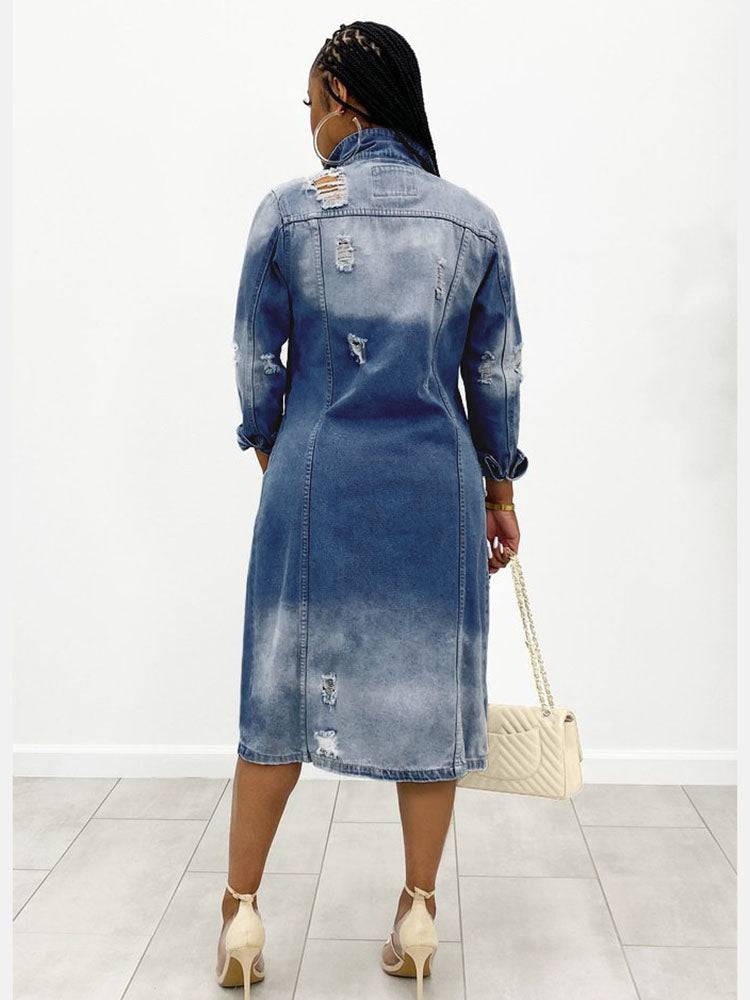 Turndown Collar Ripped Denim Coats Dark Blue / M
