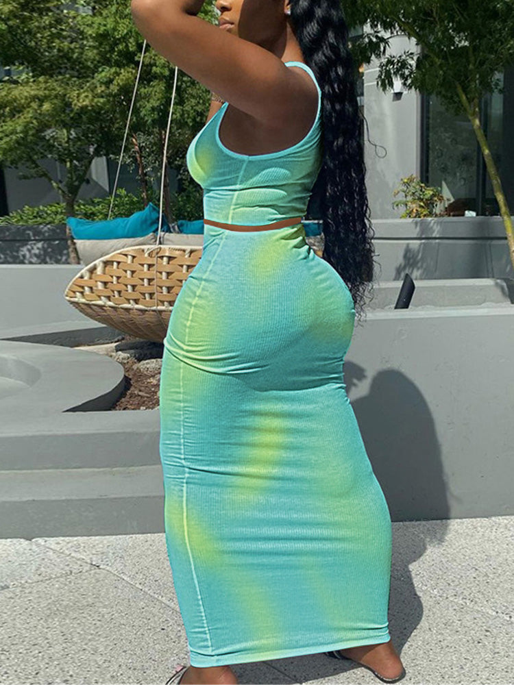 Tie Dye Maxi Skirt Set Green / M