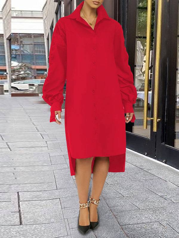 Turndown Collar Long Sleeve Shirt Dress Red / L