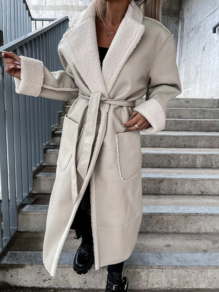 Faux Leather Shearling Lined Coat Beige / XL