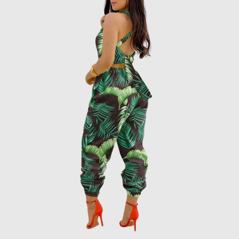 Halter Backless High Waist Jumpsuit White(Leaf) / S