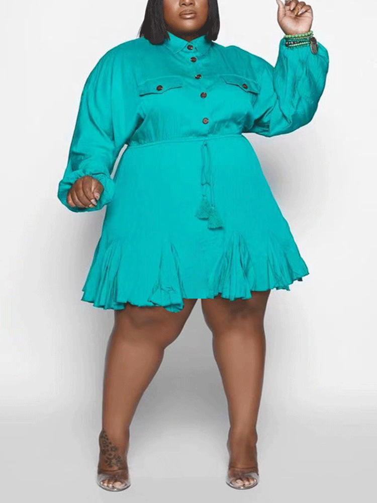 Turndown Collar Button Mini Dress Black / 4XL