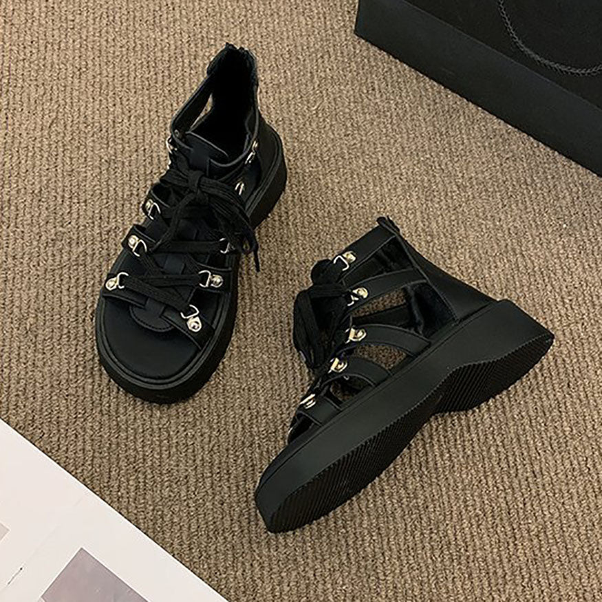 Thick-Sole Lace Up Roman Sandals Black / EU:38:US Women's 7-7.5 Men's 4.5-5