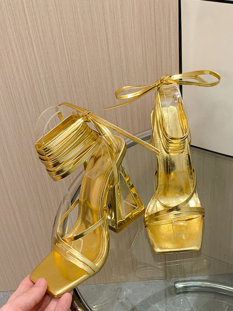Geo Heel Square Toe Sandals Gold / 7.5/8