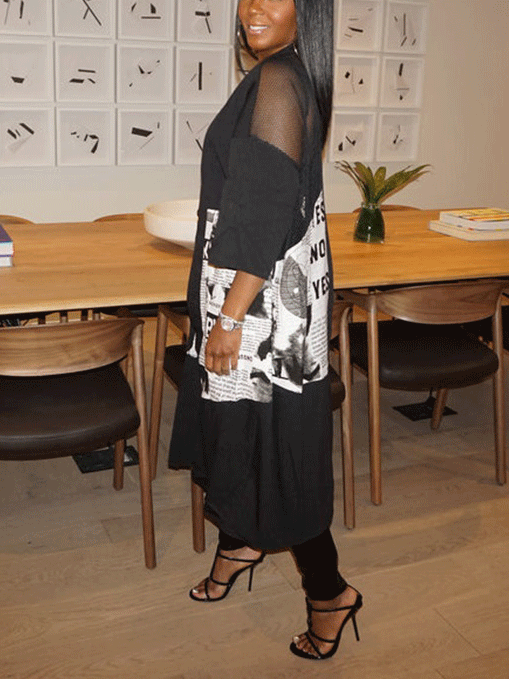 Mesh Newspaper Patchwork Loose Coat Black / 2XL