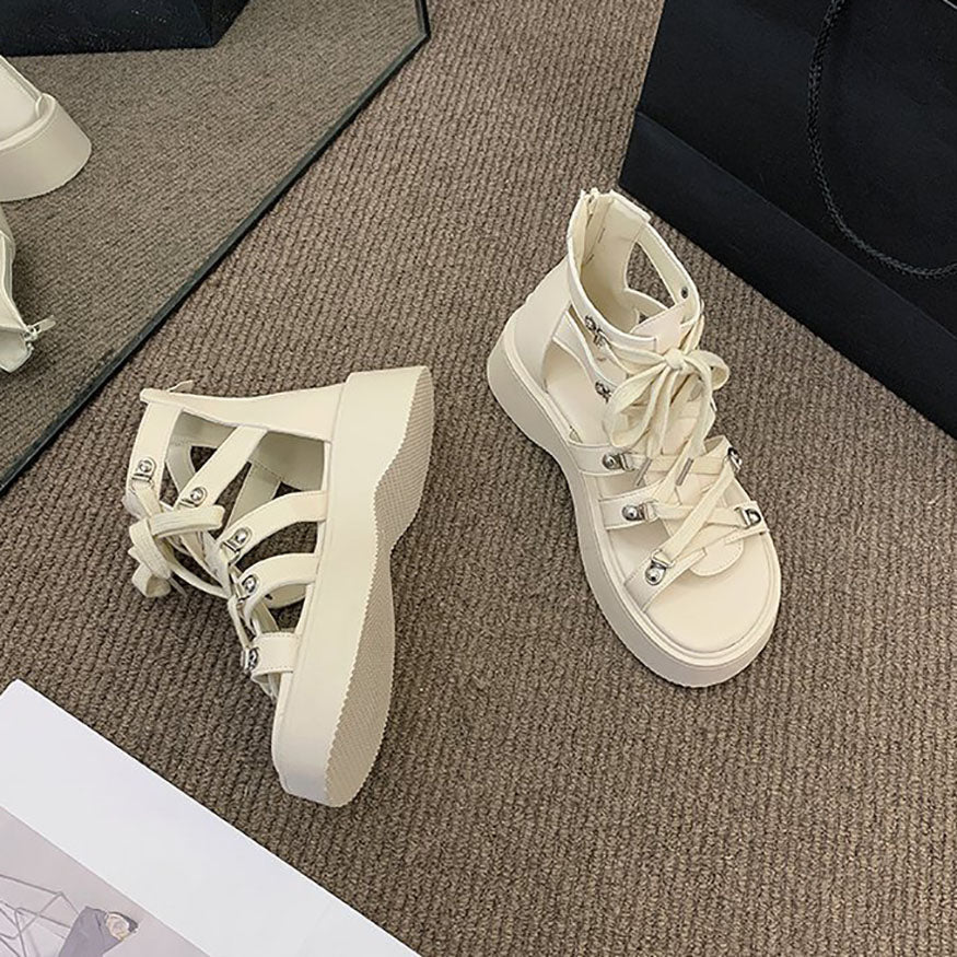 Thick-Sole Lace Up Roman Sandals Beige / EU:36:US Women's 5-5.5