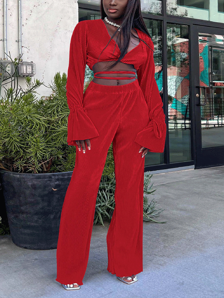 Flare Sleeve Crop Top & Wide Leg Pants Green / S