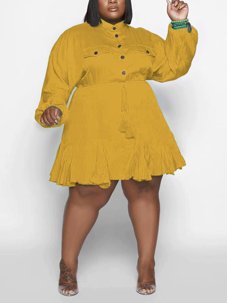 Turndown Collar Button Mini Dress Lake Blue / 3XL