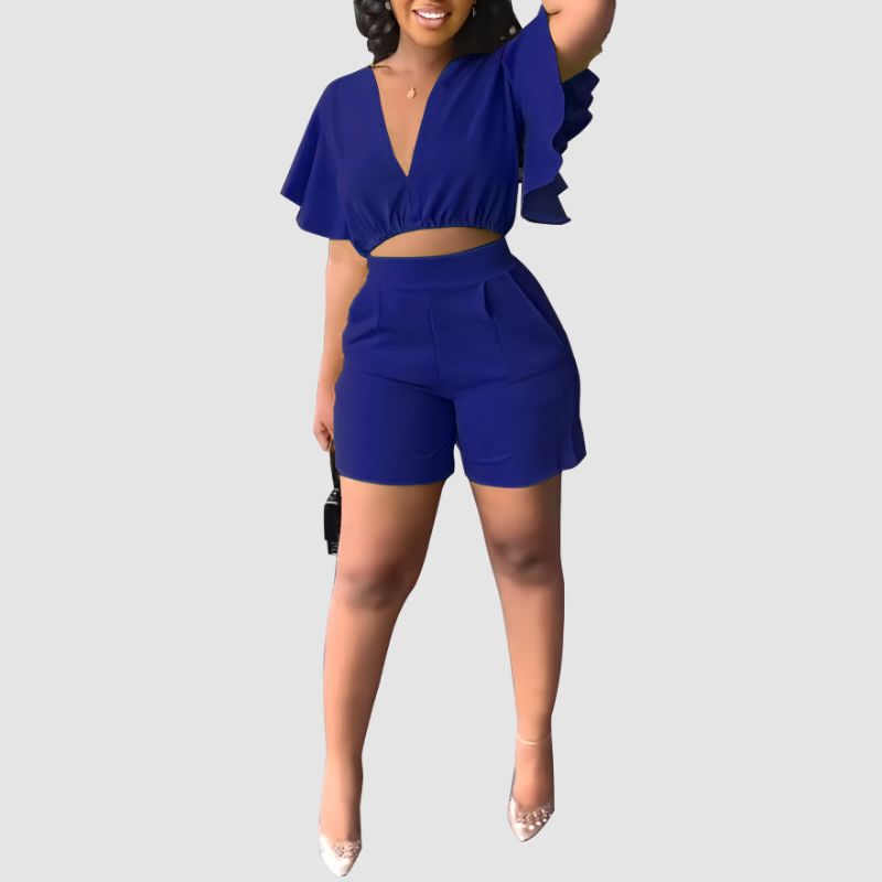 Ruffled V-neck Crop Top & Short Pants Set Yellow / M
