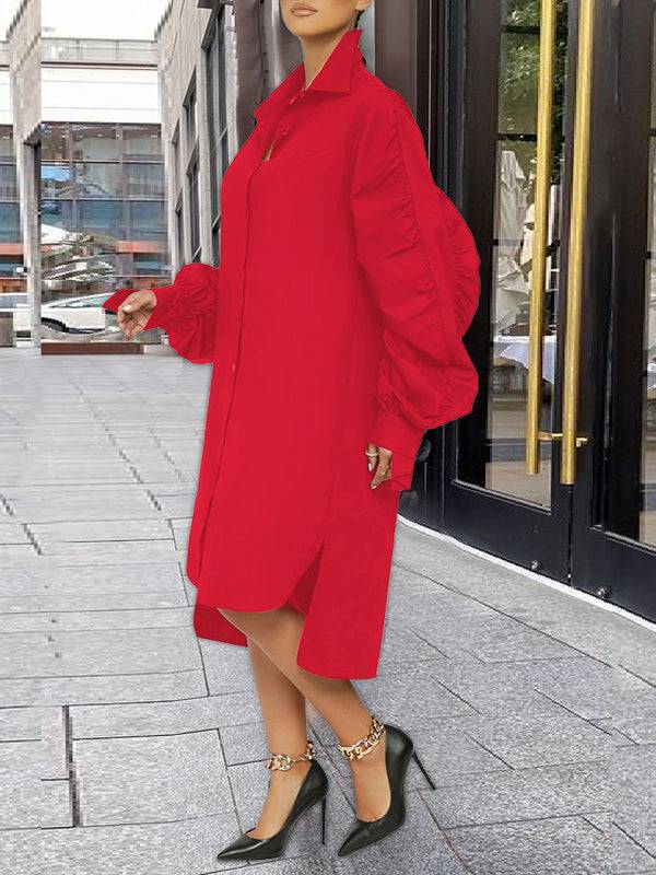 Turndown Collar Long Sleeve Shirt Dress Red / XL