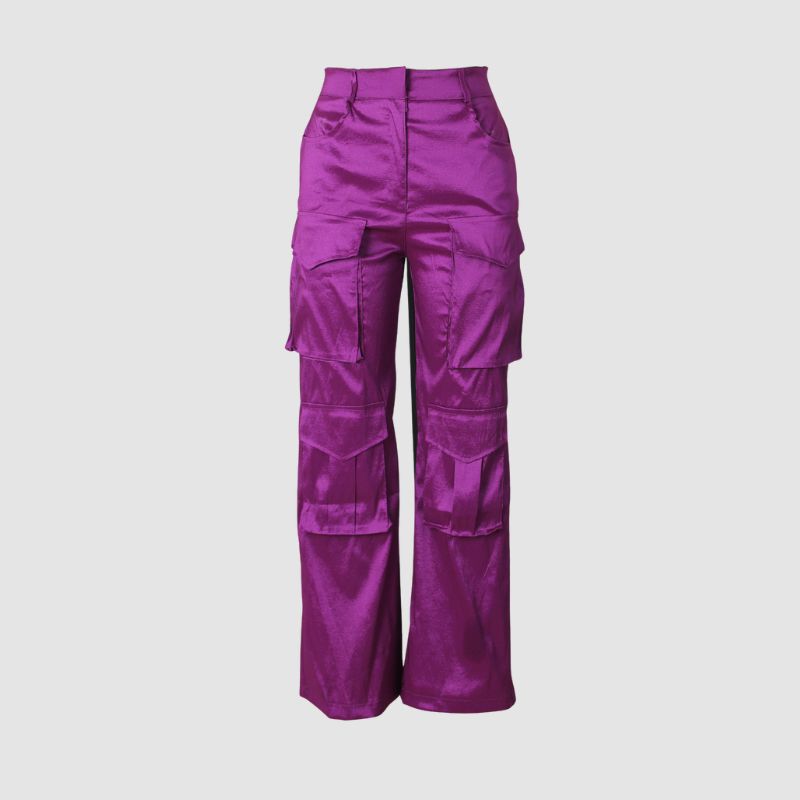 Solid Color Multi-Pocket High Waist Cargo Pants Purple / M
