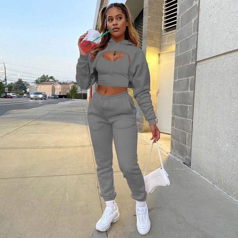 Hollow Out Hoodies & Drawstring Waist Pant Set Rose / M