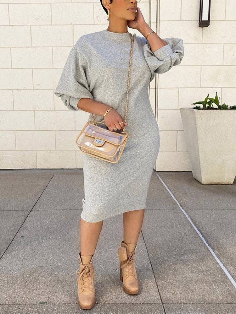 Three-Quarter Sleeve Midi Dress Gray / S