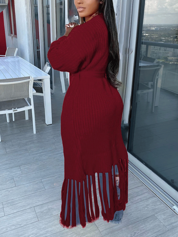 Knit Tassels With Belt Cardigan Wine Red / S