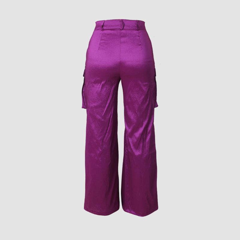 Solid Color Multi-Pocket High Waist Cargo Pants Purple / L