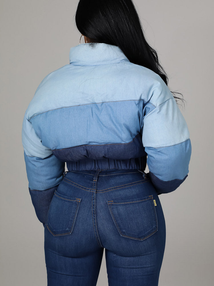 Color Block Denim Puffer Jacket Gray / S