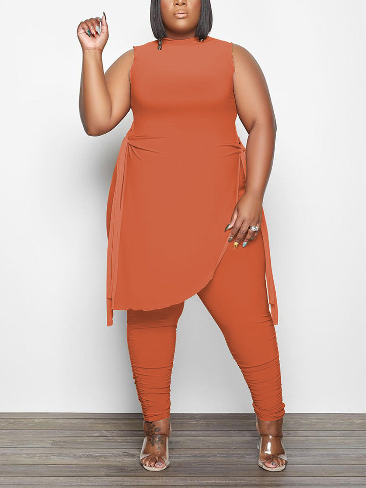 Asymmetrical Top Ruched Pants Set Black / 2XL