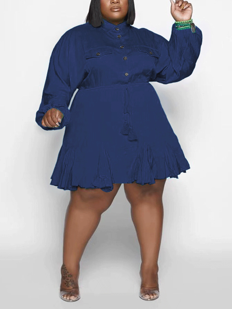 Turndown Collar Button Mini Dress Rose / 4XL