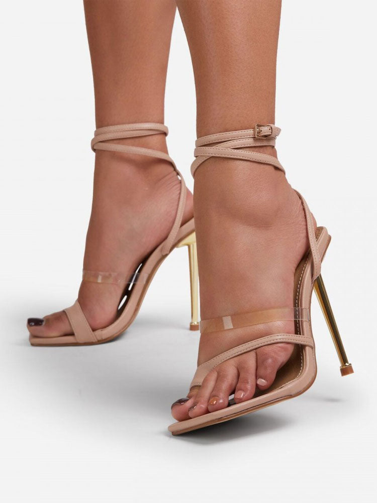 Square Toe Ankle Strap Metallic Heels Apricot / 6