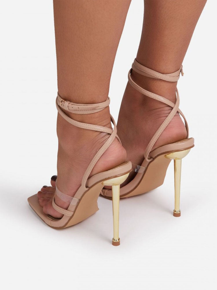 Square Toe Ankle Strap Metallic Heels Apricot / 6.5/7