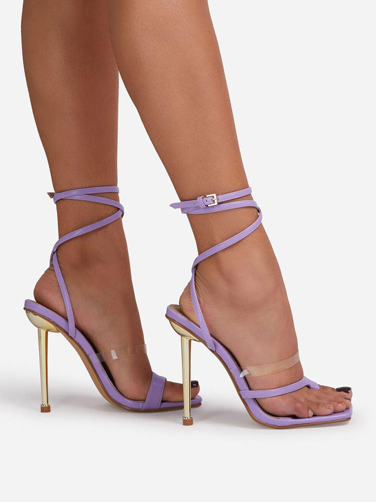 Square Toe Ankle Strap Metallic Heels Purple / 7.5/8