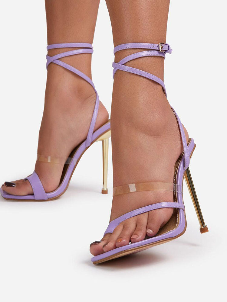 Square Toe Ankle Strap Metallic Heels Purple / 6.5/7