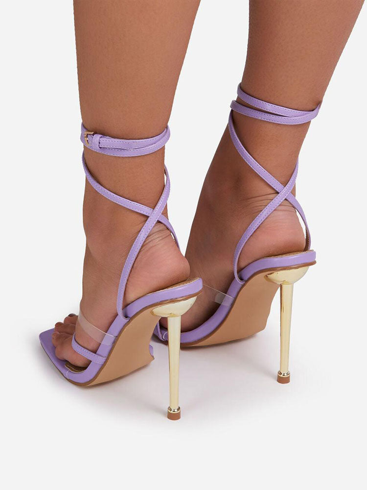 Square Toe Ankle Strap Metallic Heels Purple / 8.5