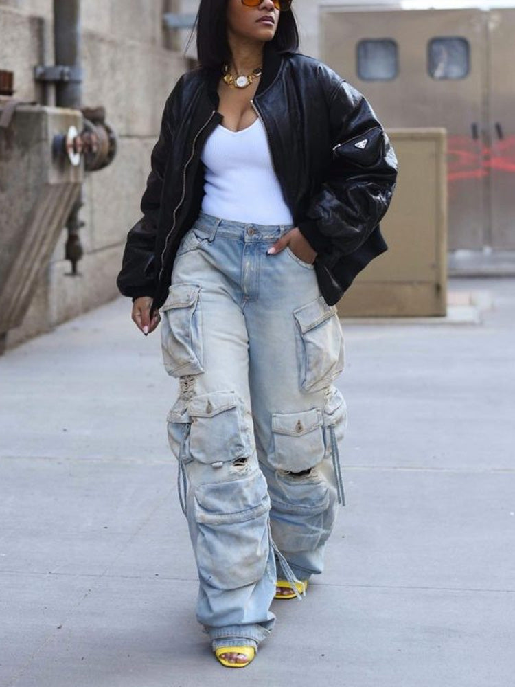 Ripped Pockets Cargo Jeans Light Blue / L