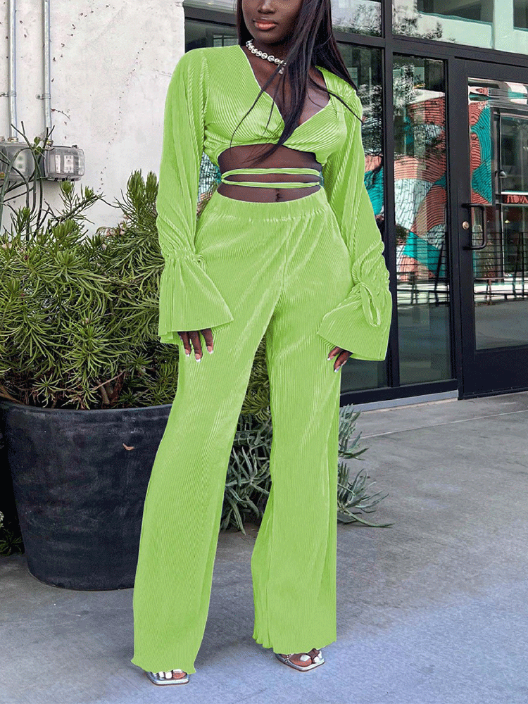 Flare Sleeve Crop Top & Wide Leg Pants Yellow / S