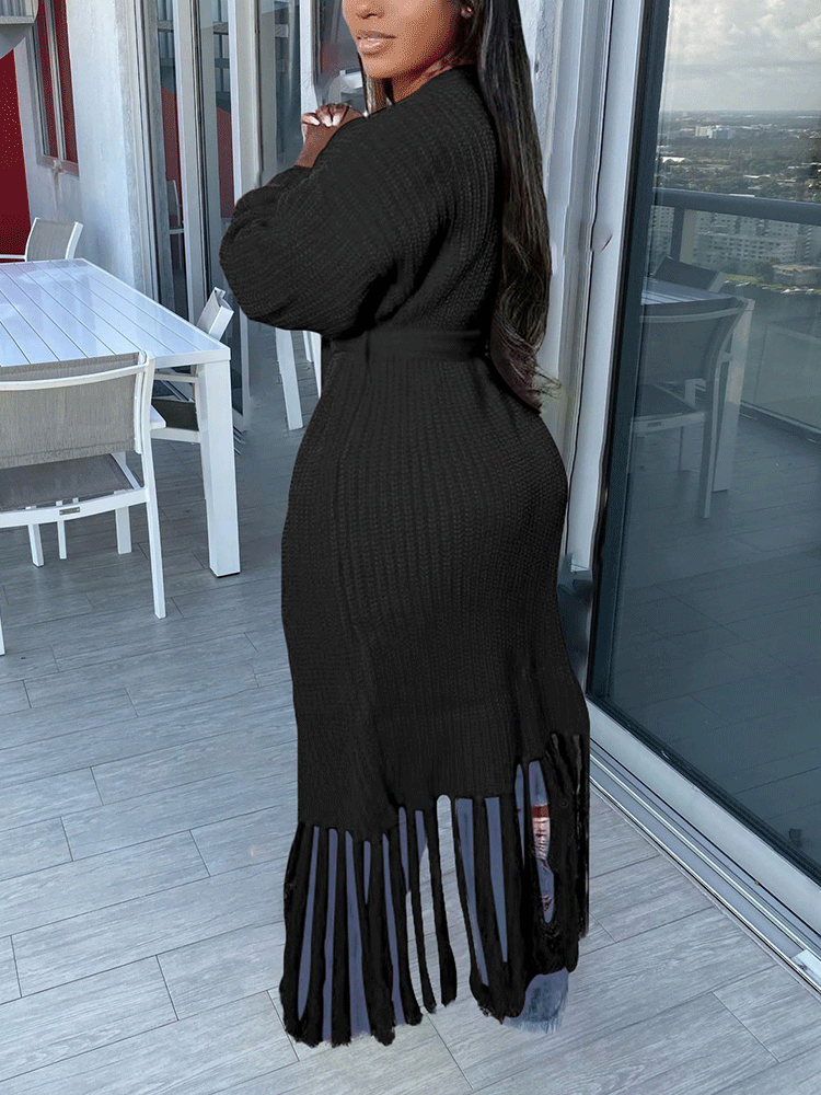 Knit Tassels With Belt Cardigan Black / L