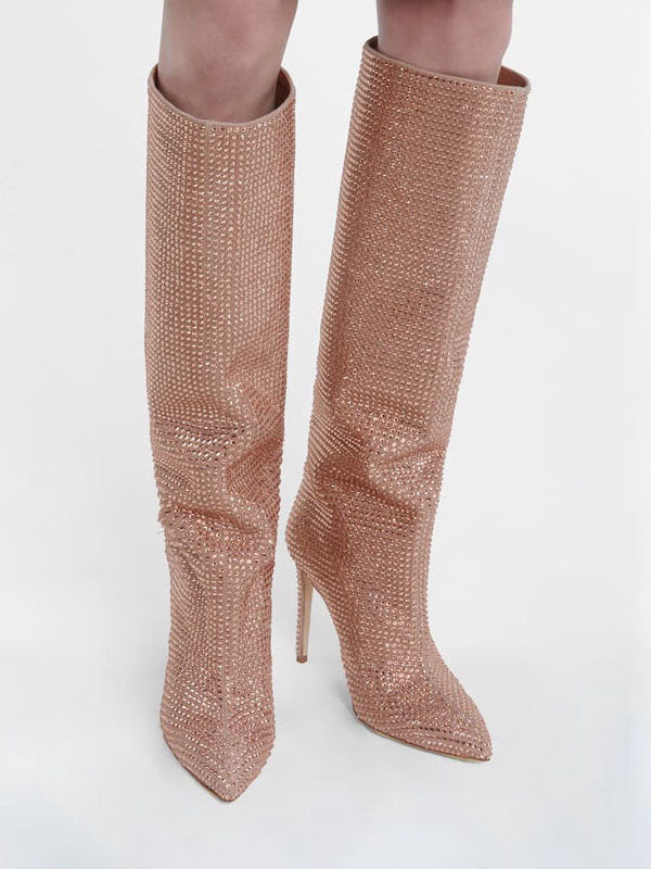 Crystal-Embellished Suede Boots Pink / 9/9.5