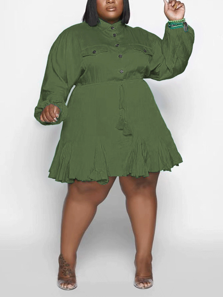 Turndown Collar Button Mini Dress Lake Blue / 5XL