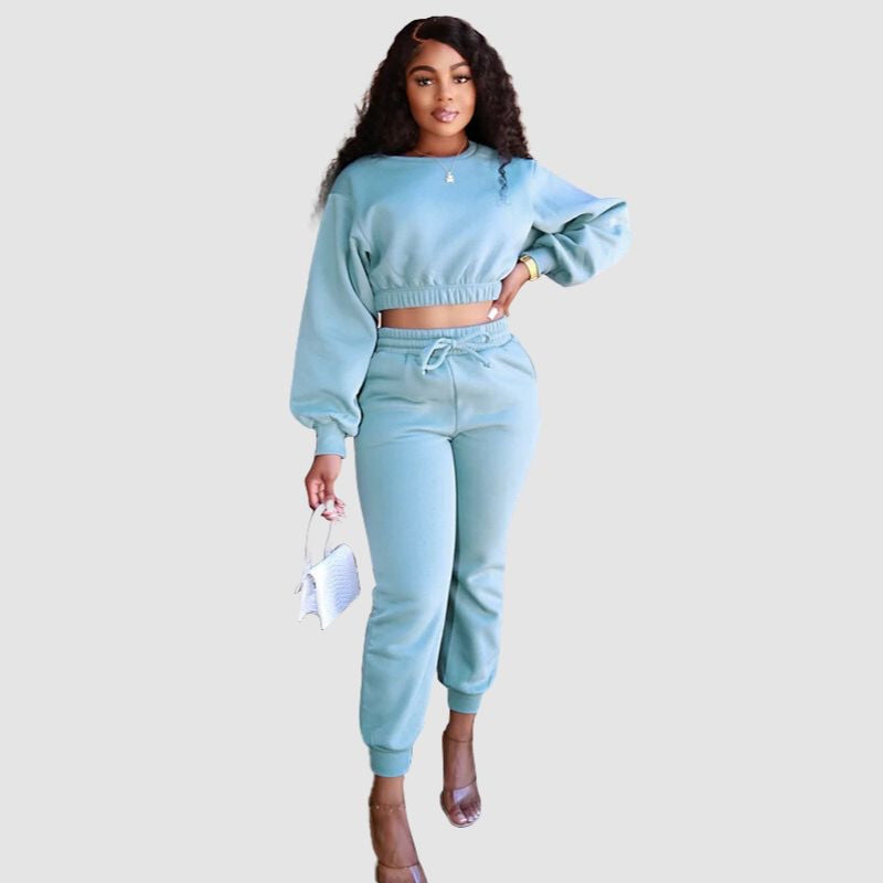 Crew Neck Crop Top & Drawstring Pant Set Blue / XL