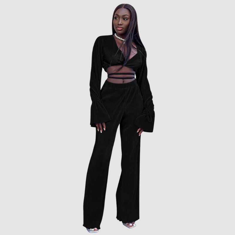 V-Neck Tie Up Top & Pleated Wide Leg Pant Set Yellow / S