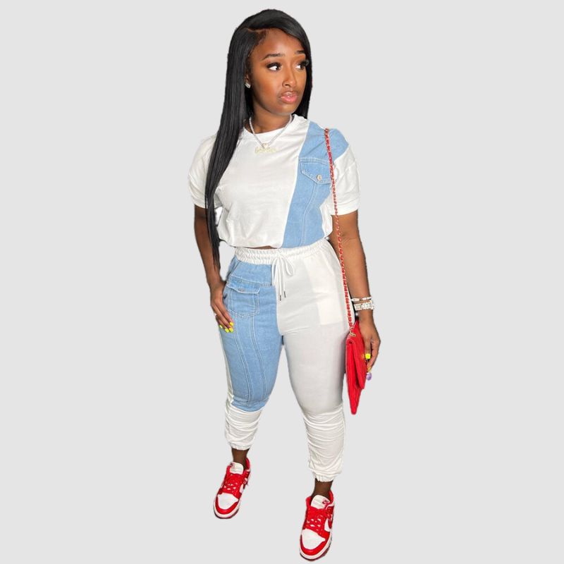 Denim Patchwork Design Pant Set White / M