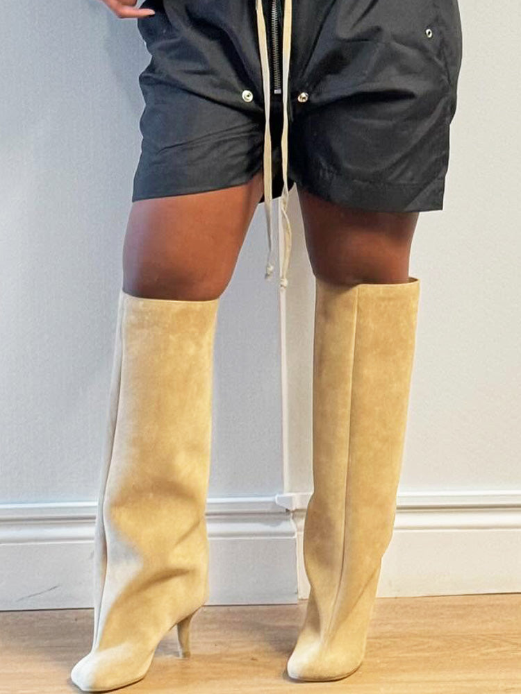 Suede Wide Calf Square Toe Boots Apricot / 9/9.5