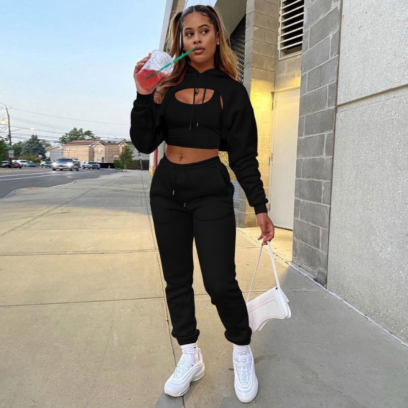 Hollow Out Hoodies & Drawstring Waist Pant Set Pink / L