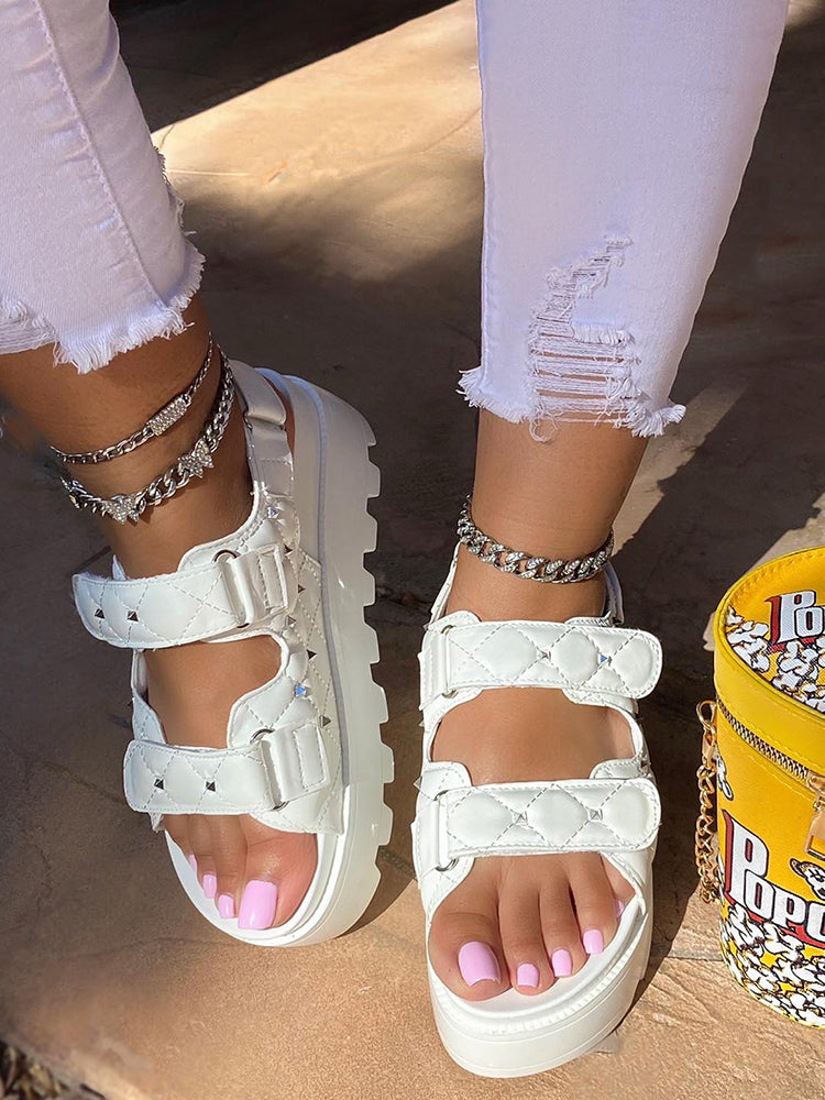 Velcro Studs Decor Thick Sole Sandals White / 5/5.5