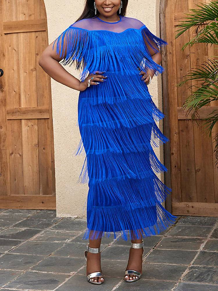Mesh Tassel Party Dress Blue / S