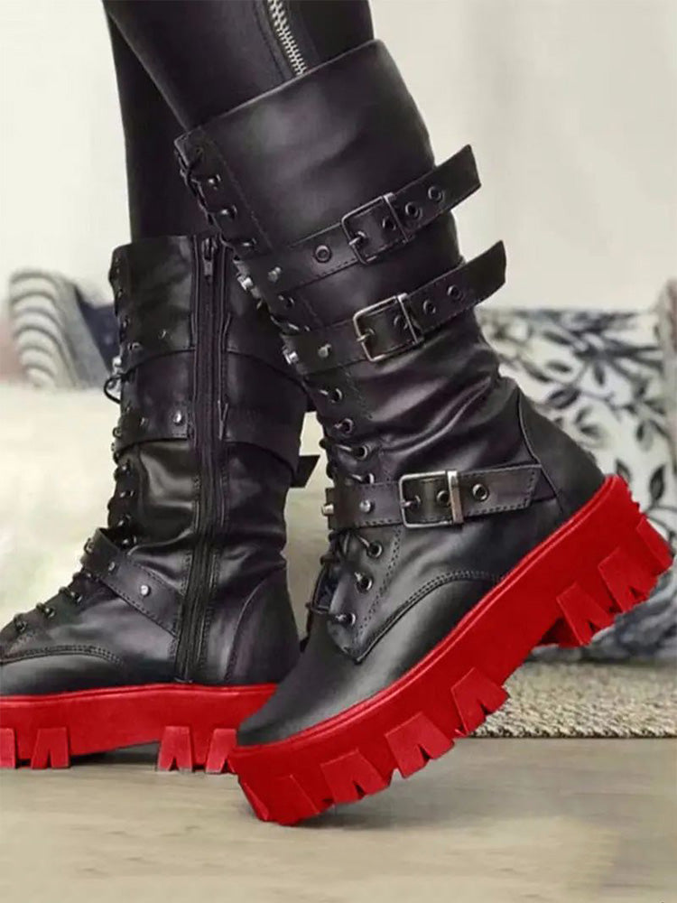 Eyelet Buckled Zipper Platform Boots Black / 6.5/7