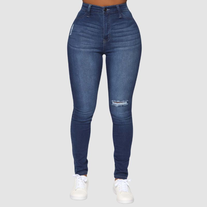 Ripped Design High Elasticity Jeans Dark Blue / S