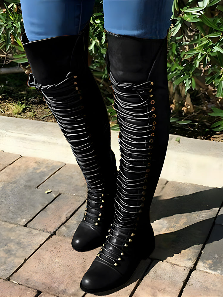 Lace Up Leather Over The Knee Boots Brown / 9/9.5