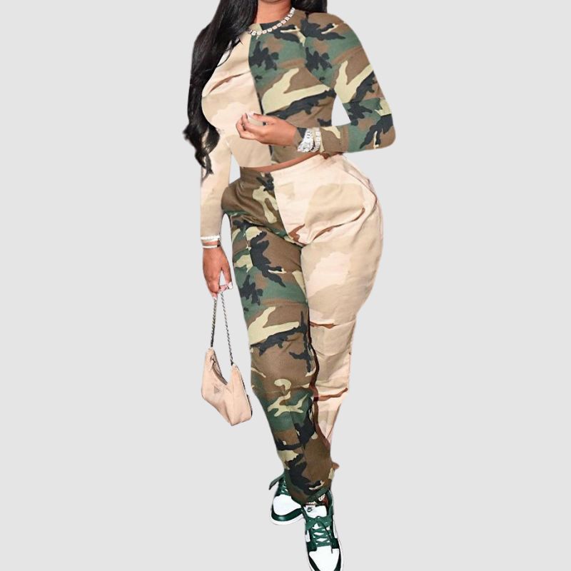 Camouflage Patchwork Design Pant Set Green / S
