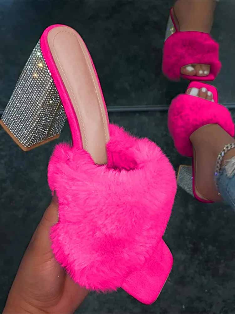 Rhinestone Chunky Heel Furry Sandal Apricot / 10.5/11