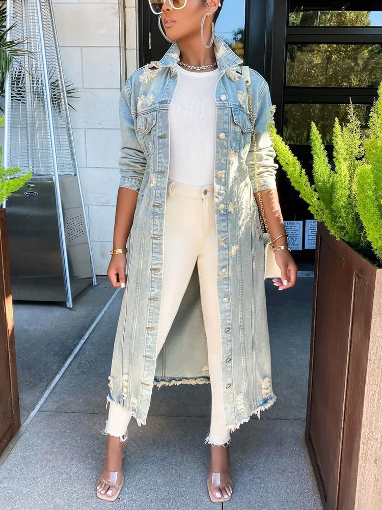 Turndown Collar Ripped Denim Coats Blue / 2XL