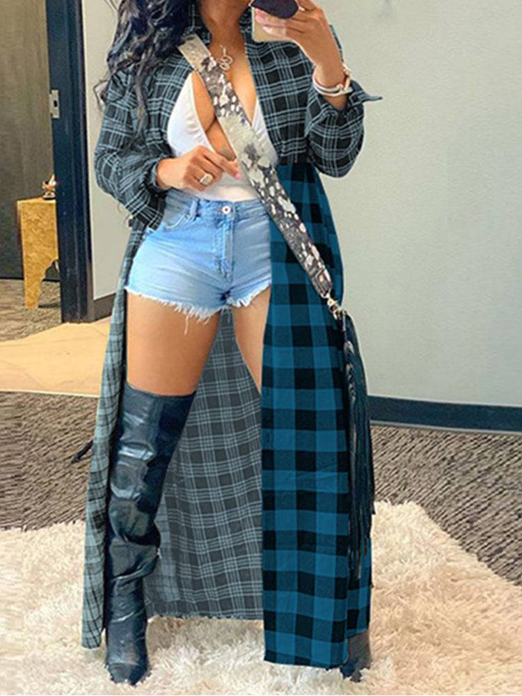 Plaid Turndown Collar Dresses Coat Blue / L