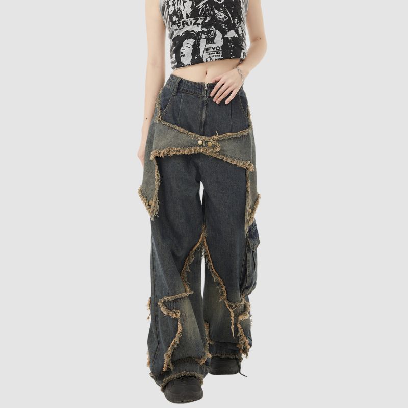 Star Pattern Frayed Patchwork Jeans Blue / L
